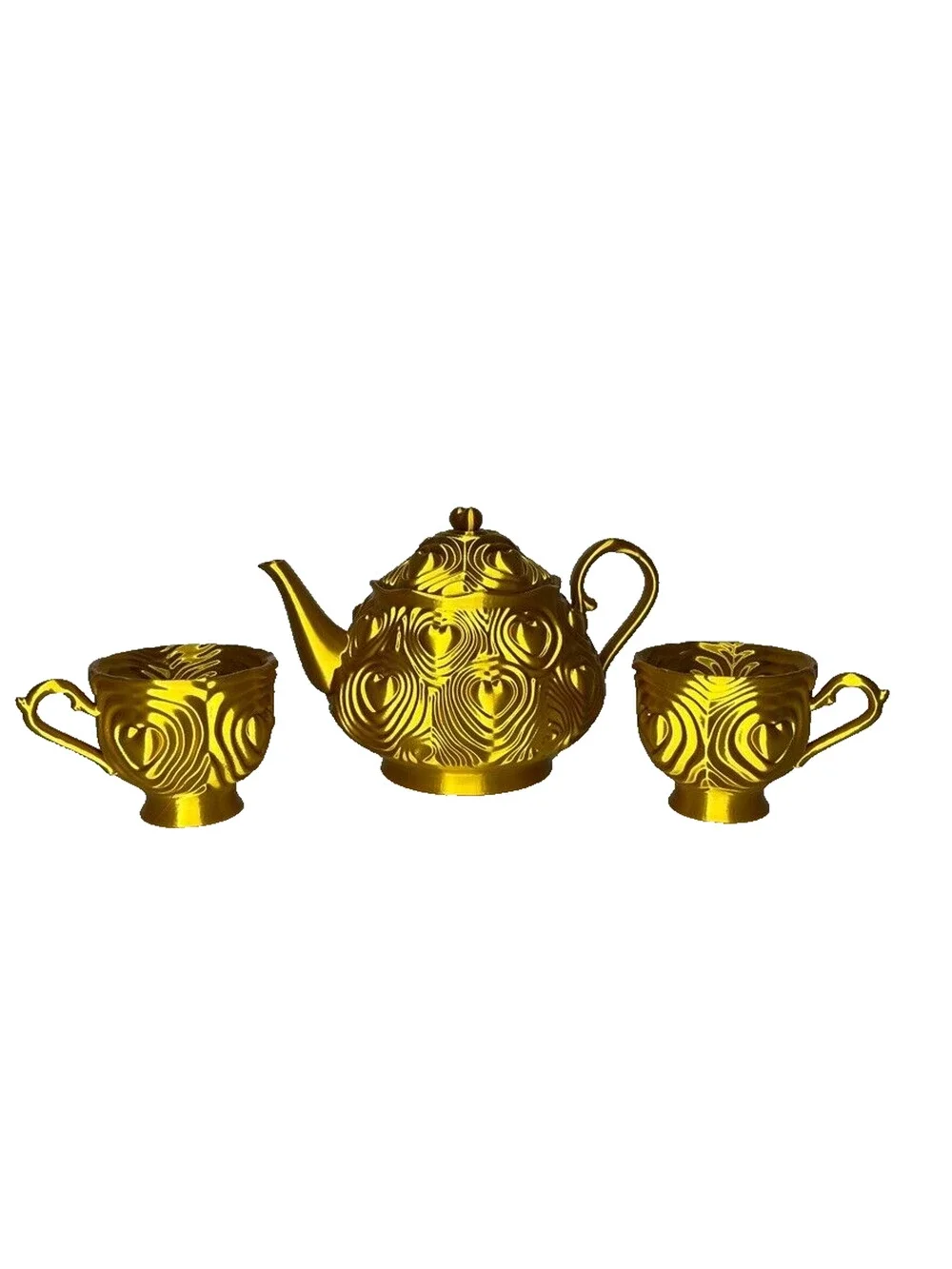 Gold Heart Tea Set Teapot with 2 Cups Ornate Textured Design Decorative Plastic